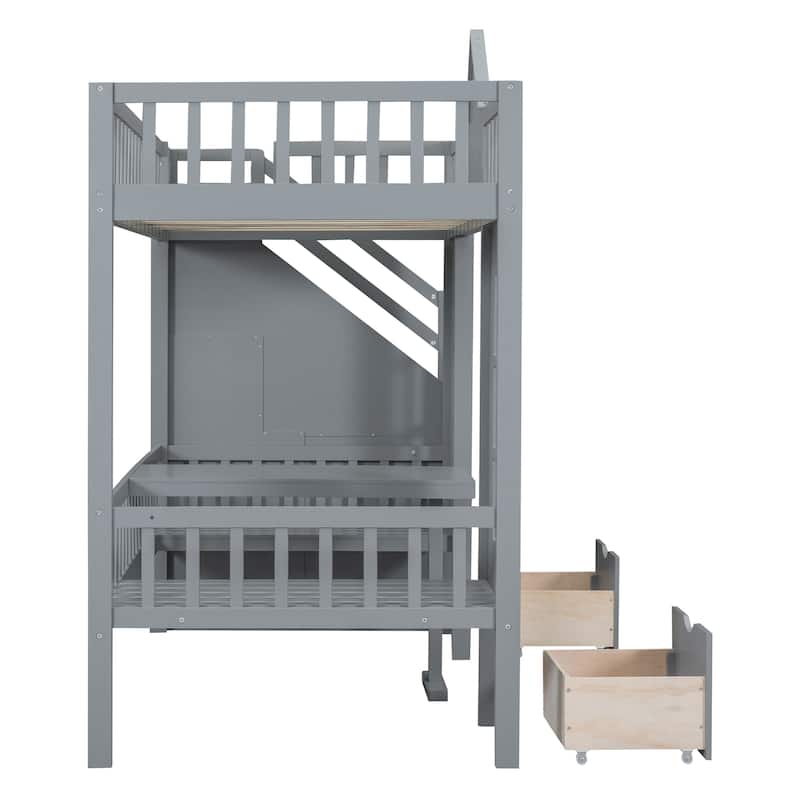 Full Size Wooden Loft Bunk Bed with Table, Seats, and Storage Shelves