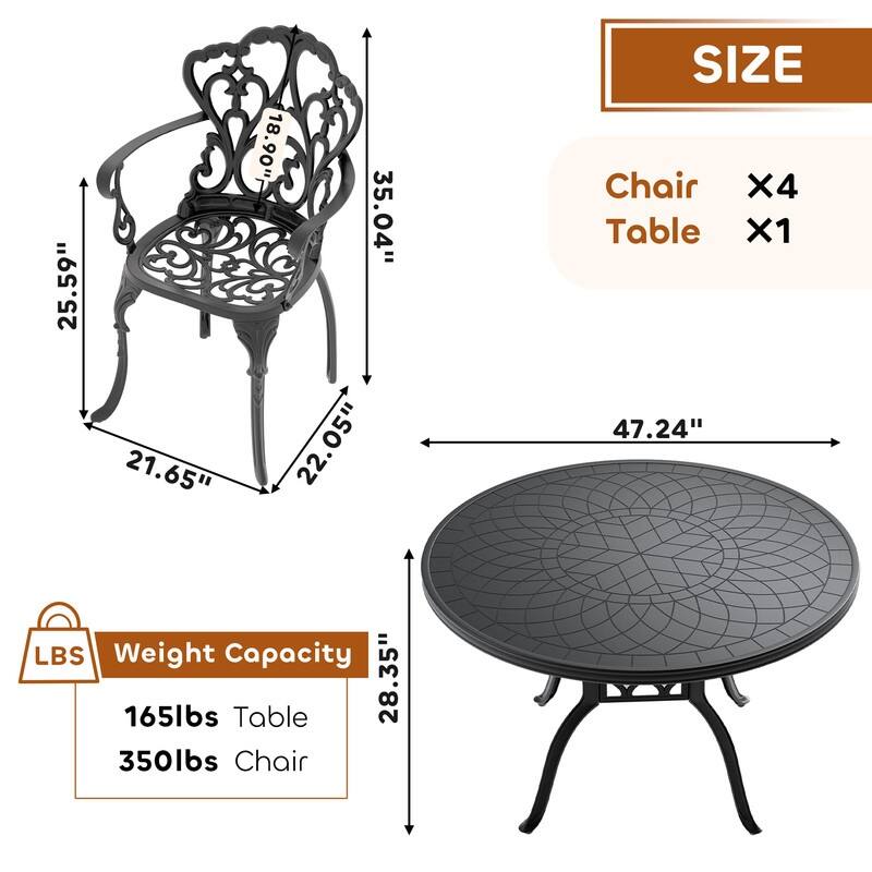 5/7-Piece Cast Aluminum Outdoor Dining Set with 47.24 in. Round Table and Seat Cushions