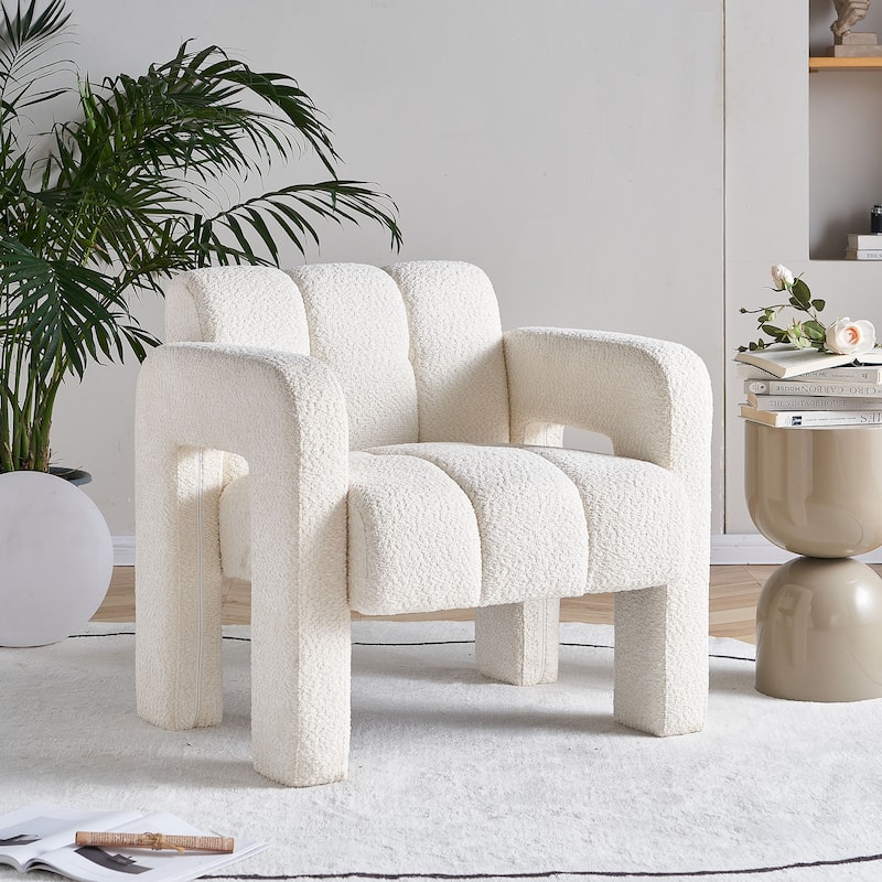 Boucle Upholstered Square Accent Chair, Ergonomic Lounge Reading Chair, Single Sofa Chair with Backrest & Armrest - Beige