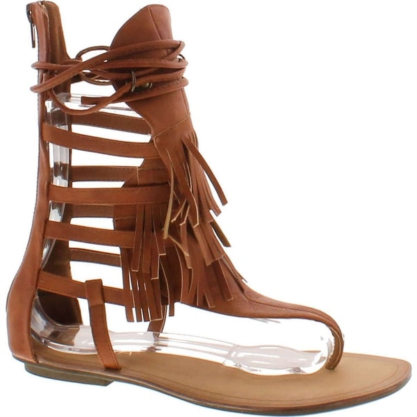 Liliana Avis-4 Women's Flat Lace Up 3 Layers Fringe Flip Flop Gladiator Sandal