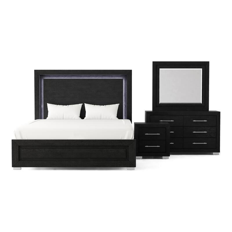 Furniture of America Alaric Modern 4-Piece Black Wood Panel Bedroom Set with LED Headboard