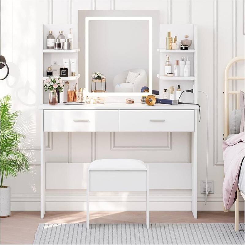 2 Drawers Dressing Table, Makeup Vanity Desk with Mirror and Lights for Bedroom
