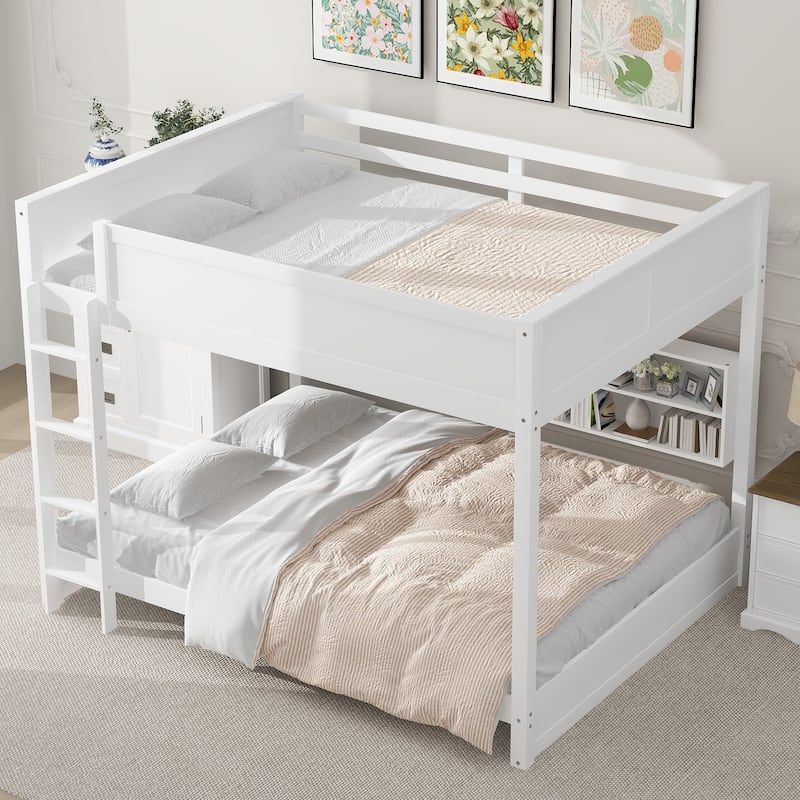 Queen Over Queen Bunk Bed with Storage Cabinets, USB Ports, and White Finish