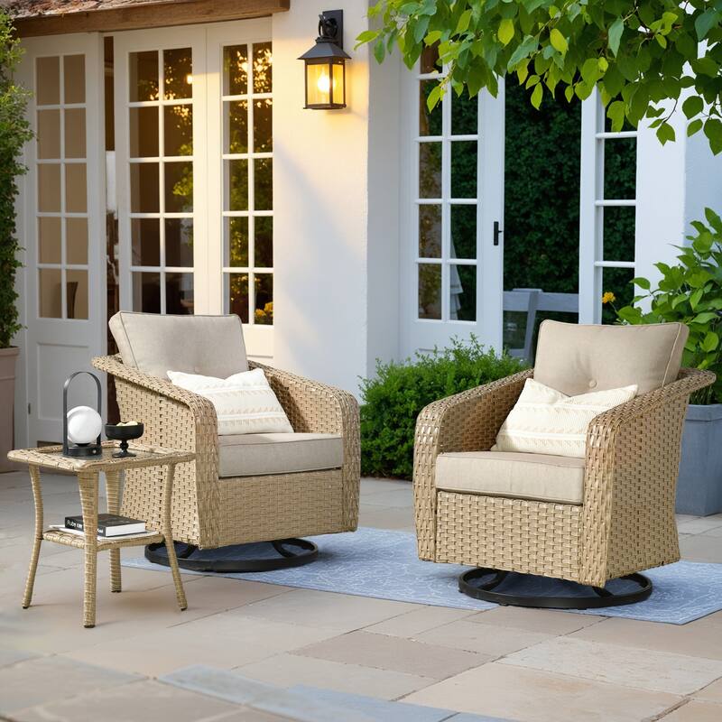 XIZZI 3-Piece Outdoor Chairs Wicker Swivel Rocker with Cushions - Beige
