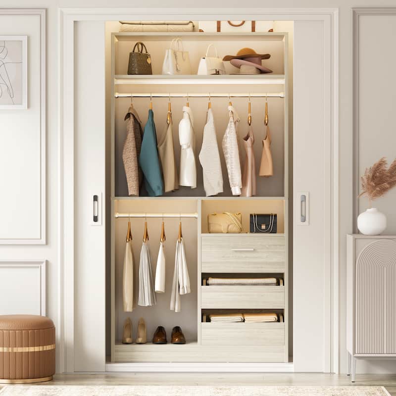 36'' W Freestanding Walk-in Closet Organizer System with 2 Hanging Rods and 3 Wood Drawers