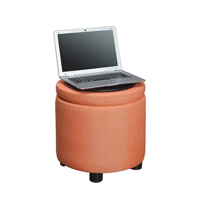 Round Accent Storage Ottoman with Reversible Tray Lid Perfect for Small Spaces, Serving, and Cozy Living Rooms
