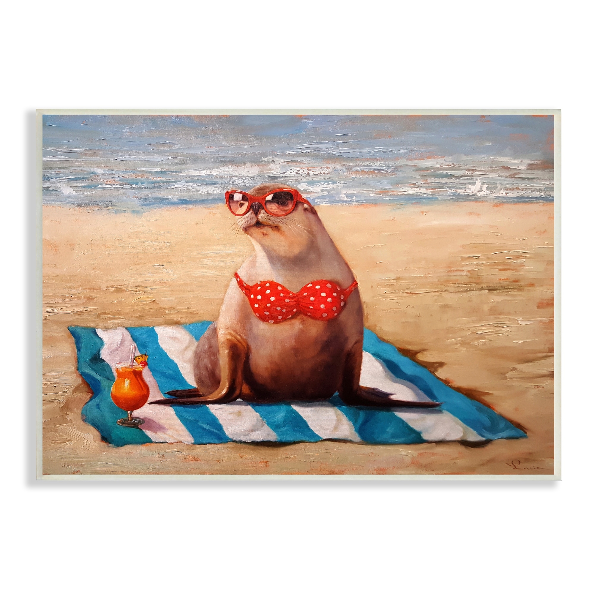 Stupell Polka Dot Bikini Sea Lion Tropical Drink Beach Scene-image