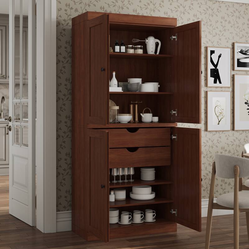 Palace Imports 100% Solid Wood Pantry Cabinet, Shaker Doors, 2 Drawers, Adjustable Shelves, 32" Wide, 71.5" Tall - Mocha