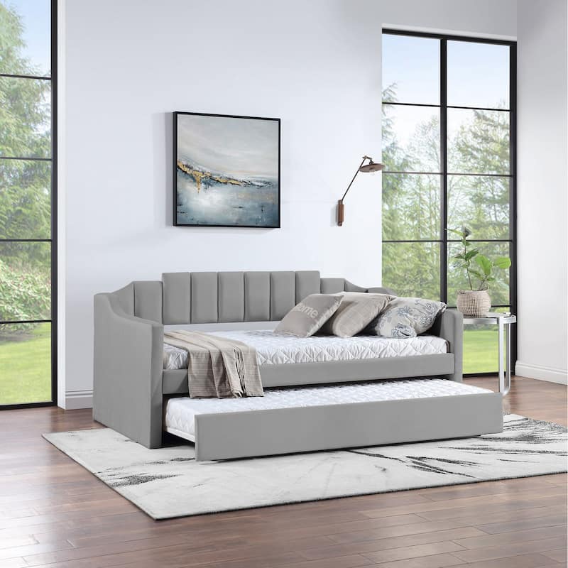 Modern Twin Size Upholstered Velvet Tufted Daybed with Trundle