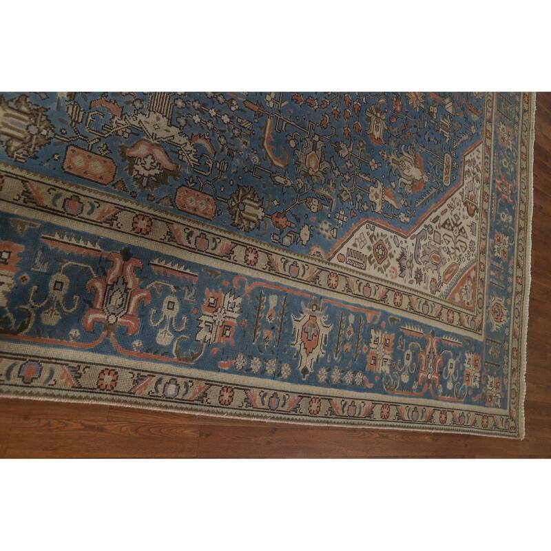 Blue Tabriz Vintage Persian Rug Handmade Wool Carpet - 9'10" x 12'9"