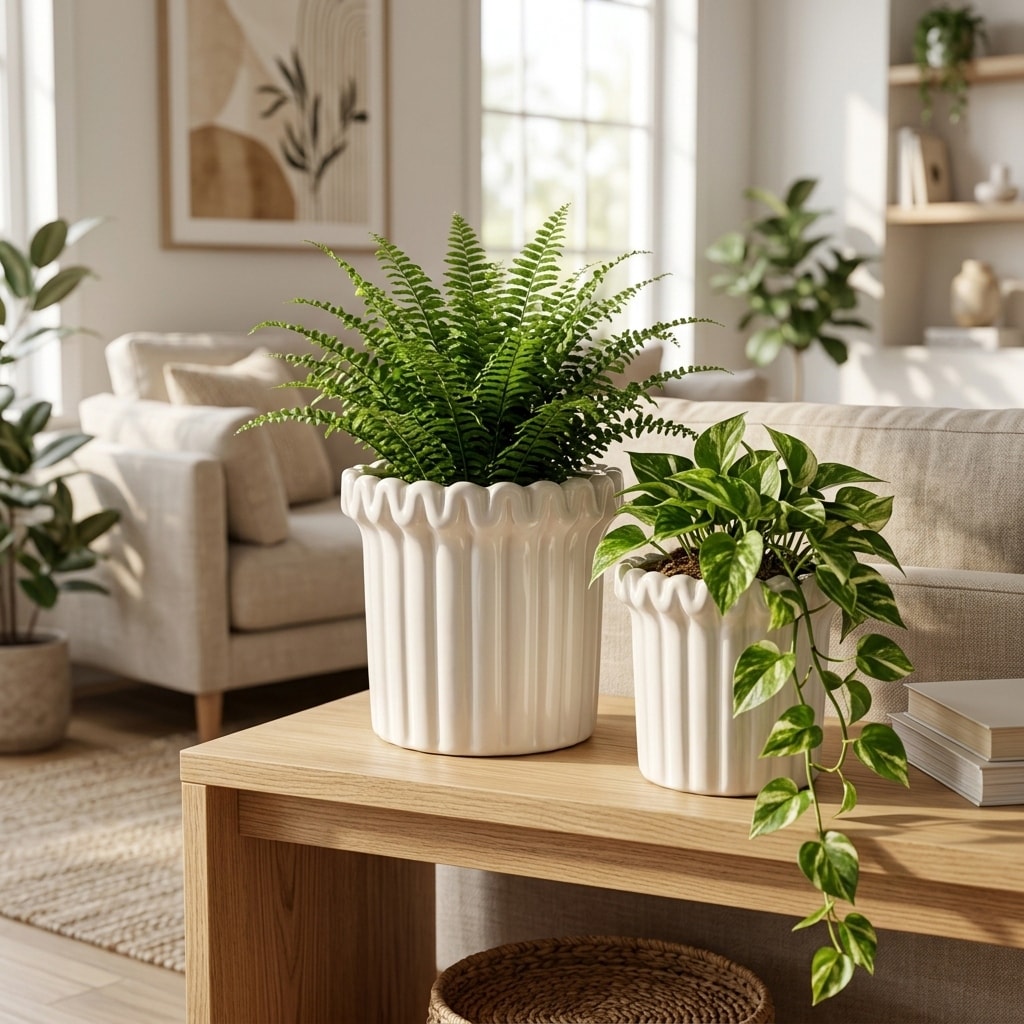 Ceramic Vertical Fluted Planters Set of 2 - Ivory, 9/7" - 8.0"