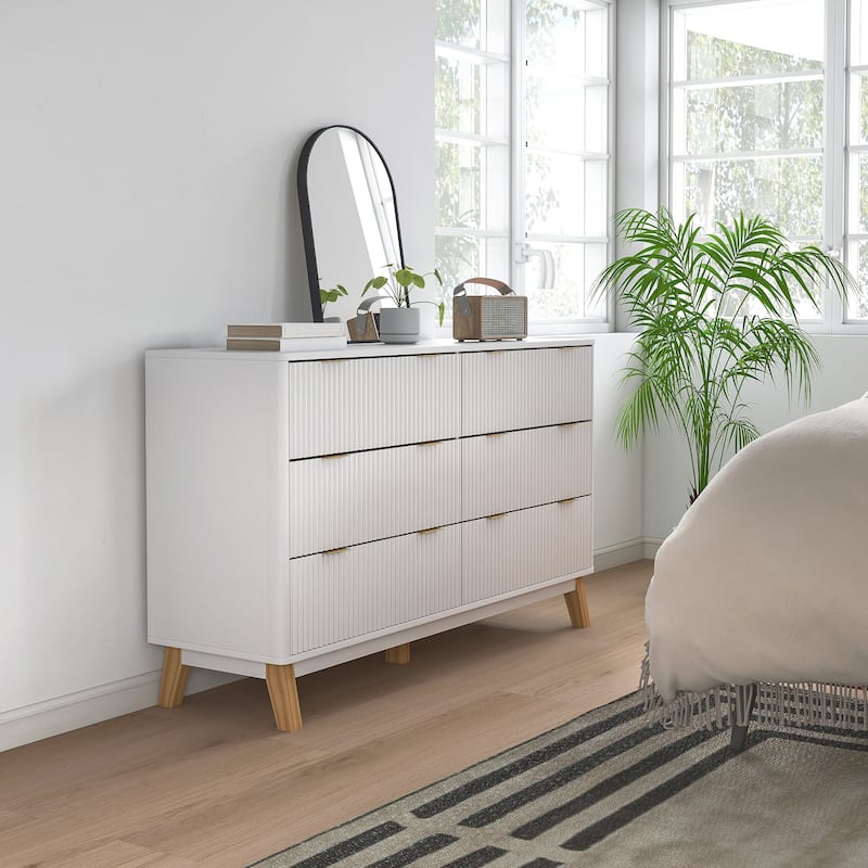 HOMCOM Fluted Dresser for Bedroom with 6 Drawers, 54" Wide Chest of Drawers with Gold Finger Pulls and 5 Wood Legs