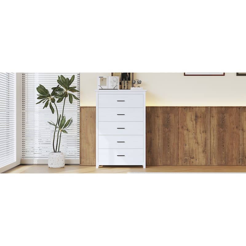 5 Drawer Tall Wooden Dresser, Large Capacity Clothing Storage Cabinet, Decorative Cabinet with Metal Handles and Wooden Legs