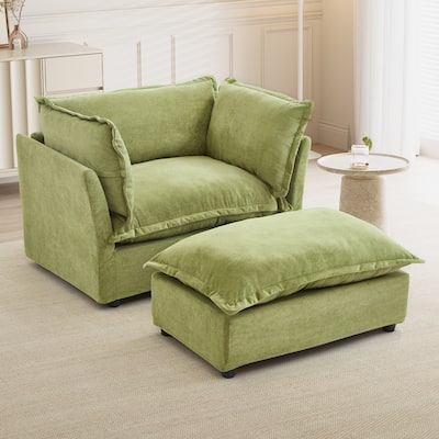 47" Cozy Upholstered Armchair with Movable Ottoman, Wide Seat, Curved Armrests and Soft Pillows