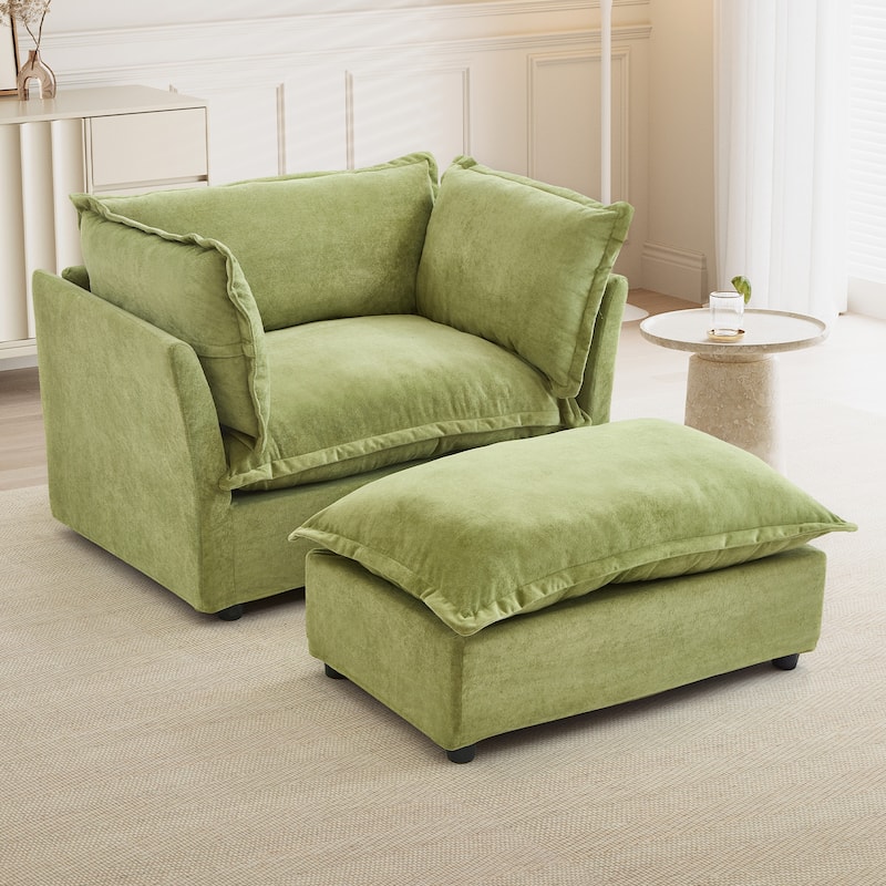 Chenille Single Sofa Chair with Ottoman, Modern Oversized Accent Chair for Reading, Living Room Curved Armrests Chairs