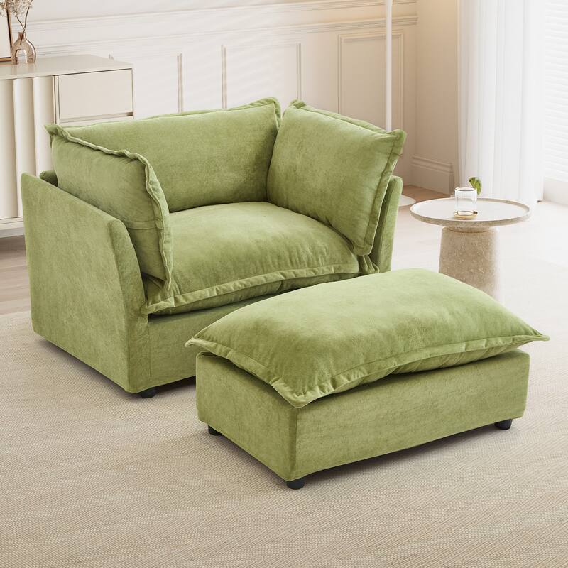 Modern Armchair Sofa 47" Cozy Upholstered Sofa Chair with Movable Ottoman, Wide Seat, Curved Armrests and Soft Pillows