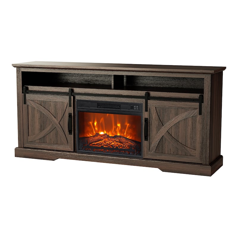 68" Farmhouse Dark Brown Electric Fireplace TV Stands Console for 78-inch TV with Remote