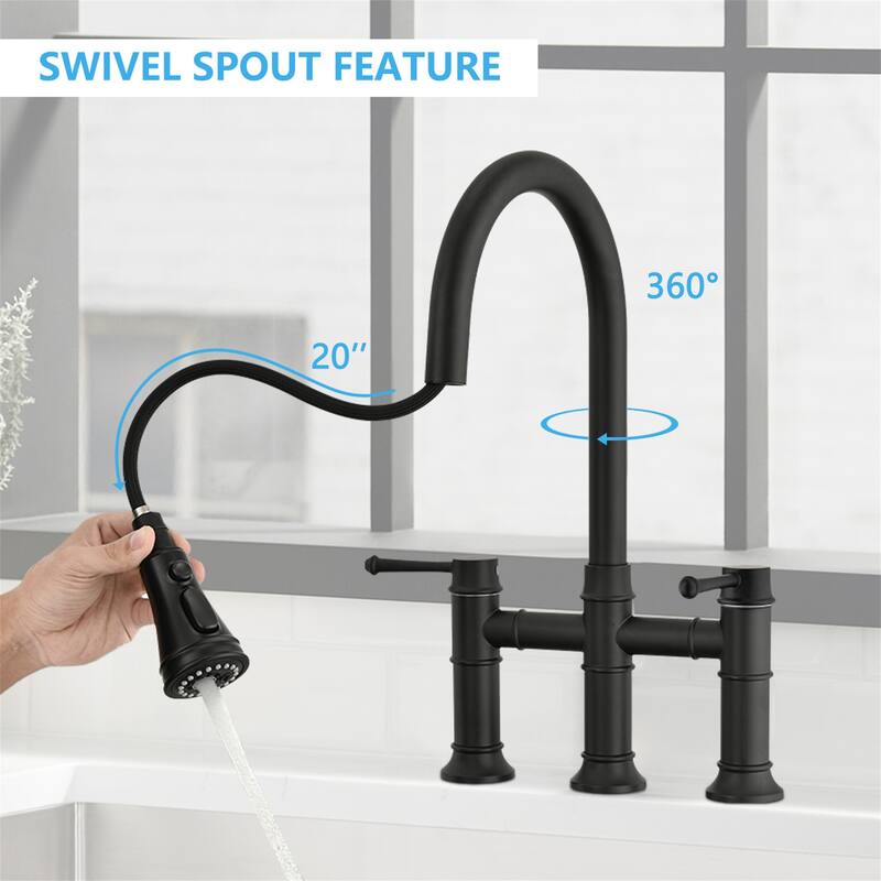 Bridge Kitchen Faucet With Pull Down Sparyer 3 Hole Kitchen Sink Faucet Double Handle 304 Stainless Steel Taps
