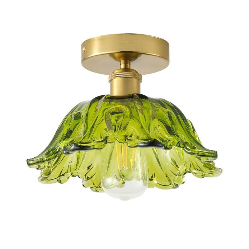 Vintage 1-Light Green Glass Semi Flush Mount Ceiling Fixture with Brass Base