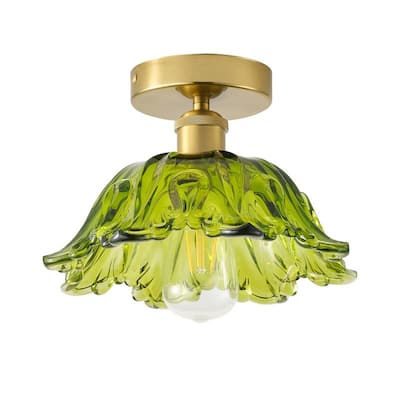 Vintage 1-Light Green Glass Semi Flush Mount Ceiling Fixture with Brass Base