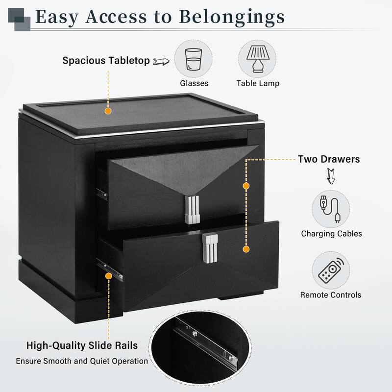 Mid-Century Modern 2-Drawer Diamond Wood End Table with Storage - Black