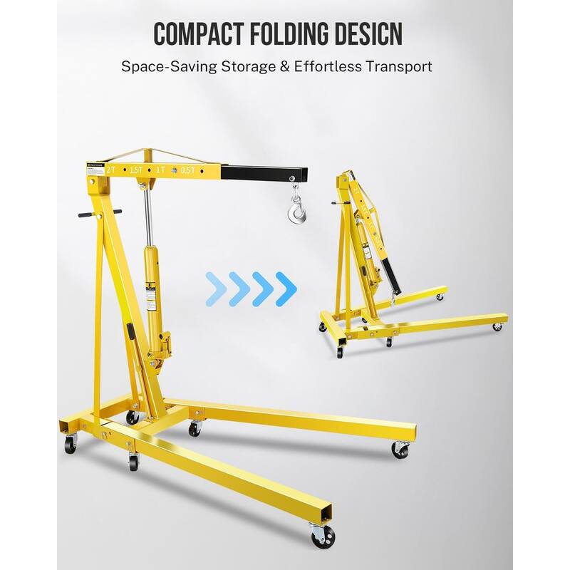 2-Ton Shop Crane, Hydraulic Folding Engine Hoist w/6 Steel Casters