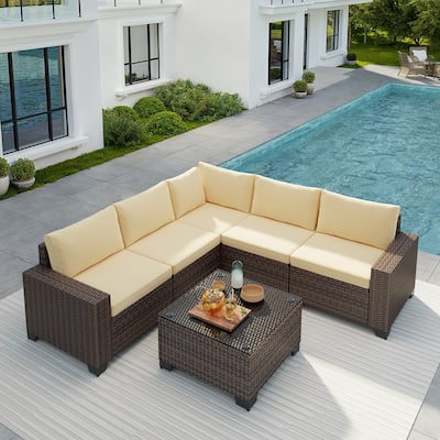6-Piece Outdoor Patio Furniture Set, PE Wicker Rattan Sectional Sofa Conversation Set with Thickened Cushions and Coffee Table