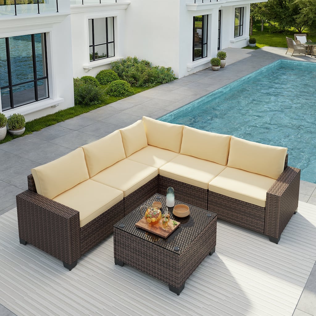 6-Piece Outdoor Patio Furniture Set, PE Wicker Rattan Sectional Sofa Conversation Set with Thickened Cushions and Coffee Table