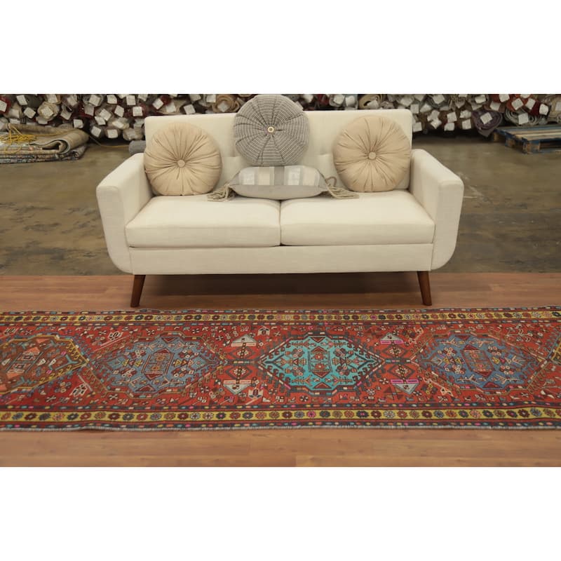 Hand Knotted Oriental 100% Wool Carpet Traditional Geometric Oranges & Rust Ardebil Runner Rug - 10' 11'' X 2' 11''