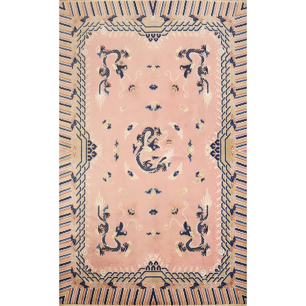 Hand Knotted Oriental 100% Wool Carpet Traditional Geometric Pink Art Deco Area Rug - 11' 1'' X 8' 0''