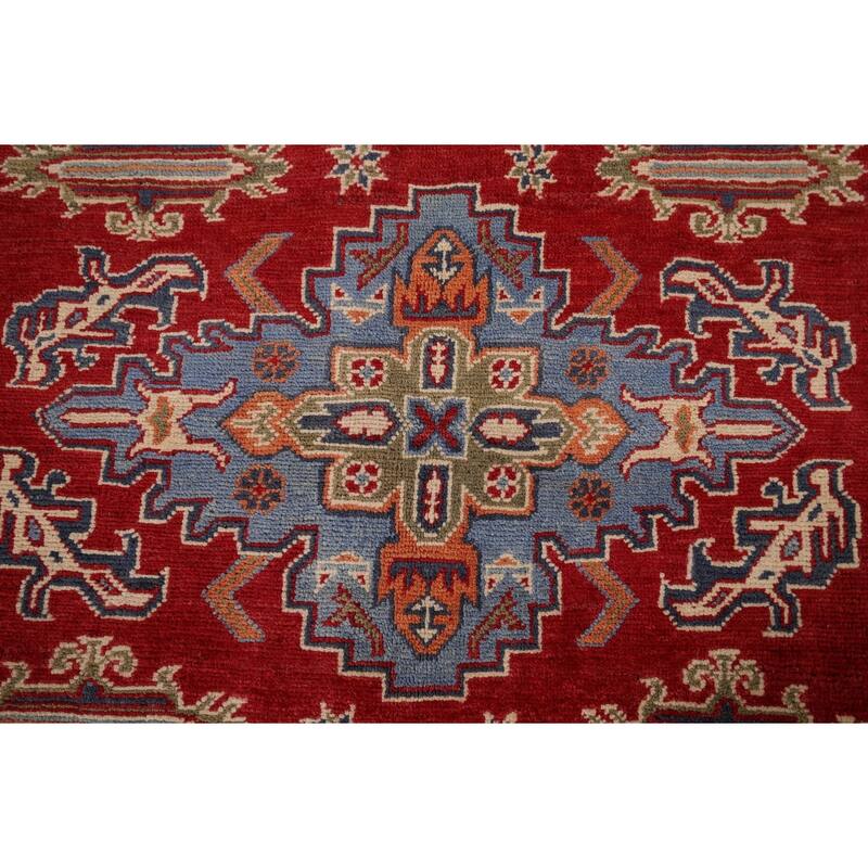 Red Geometric Kazak Area Rug Hand-Knotted Traditional Wool Carpet - 4'10" x 6'9"