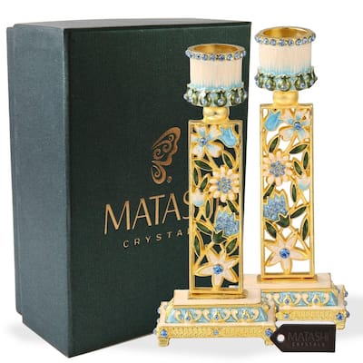 Matashi Shabbat Candlestick (2-Piece Set) Hand-Painted, Gold-Plated Pewter Adorned w/ Blue Flowers |Religious Enjoyment