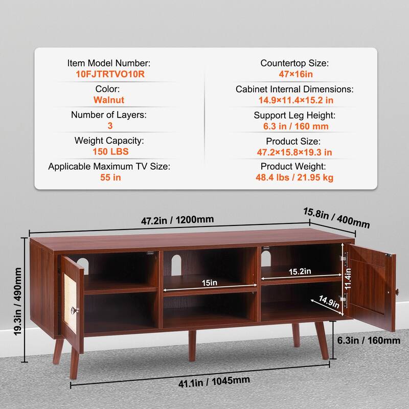 Rattan TV Stand, Mid Century Modern TV Stand, Boho Rattan TV Cabinet with Build-in Socket and USB Ports, Adjustable Shelfs