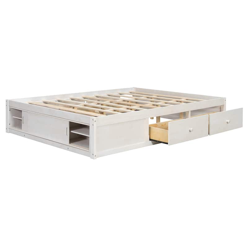 Queen Size Platform Bed Frame with 4 Storage Drawers & Footboard Cubby, No Headboard Design