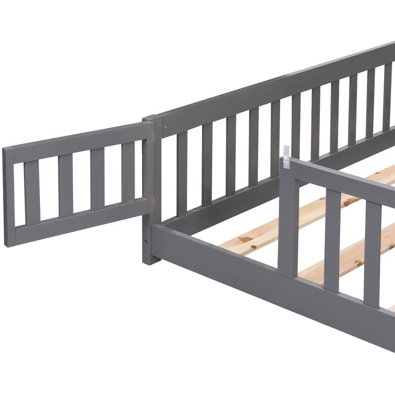 Twin Size Floor Bed with Door,Solid Wood Platform Bed Frame with Fence,Suitable for children,Pine Wood,Gray