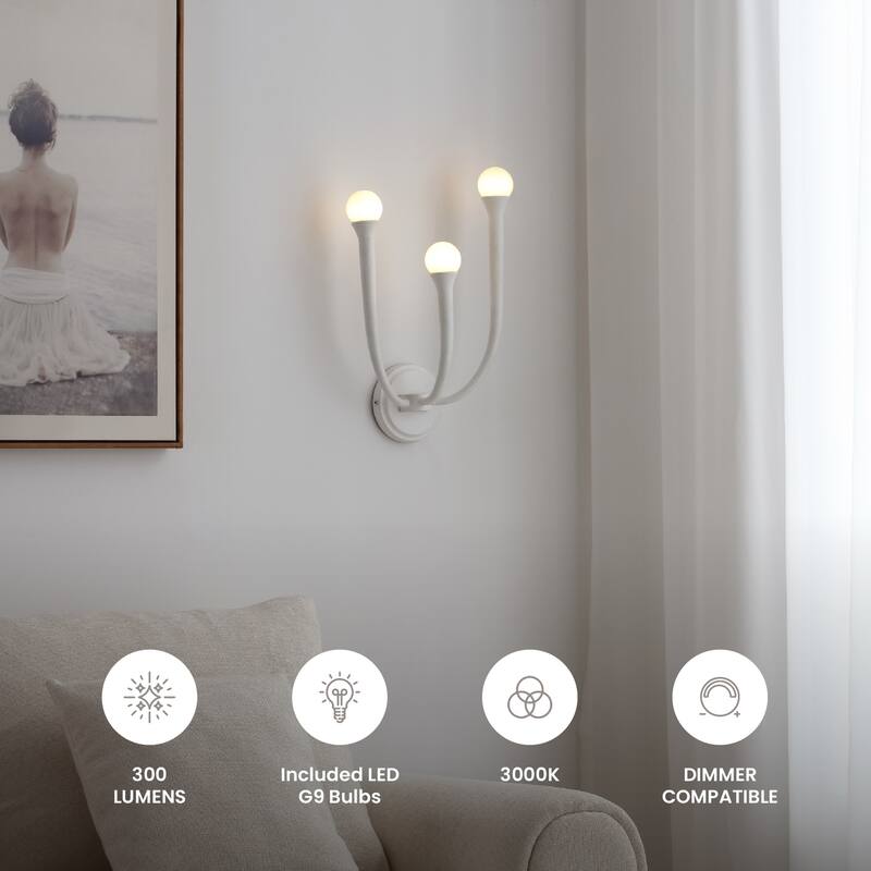 VidaLite Breeze 3-Light Matte White Wall Sconce with White Glass Shades and Included LED Bulbs, Modern Coastal Style