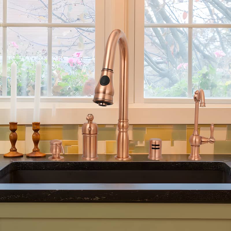 Copper Kitchen Faucet with in-Deck Handle, Single Level Handle and Pull Down Sprayer