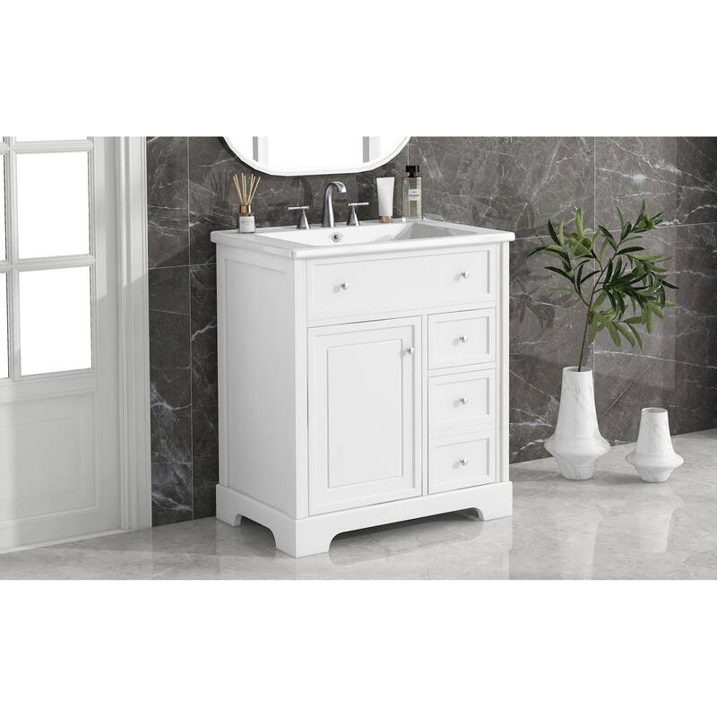 Roomfitters 30" Bathroom Vanity with Sink, Solid Poplar Wood Frame, 2 Drawers & Door with Storage Shelf, White