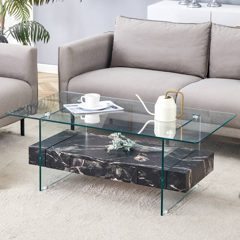 43.3 Inch Double Layer Coffee Table Storage Side Table with Open Storage Shelves, Drawers Glass Center Table End Table