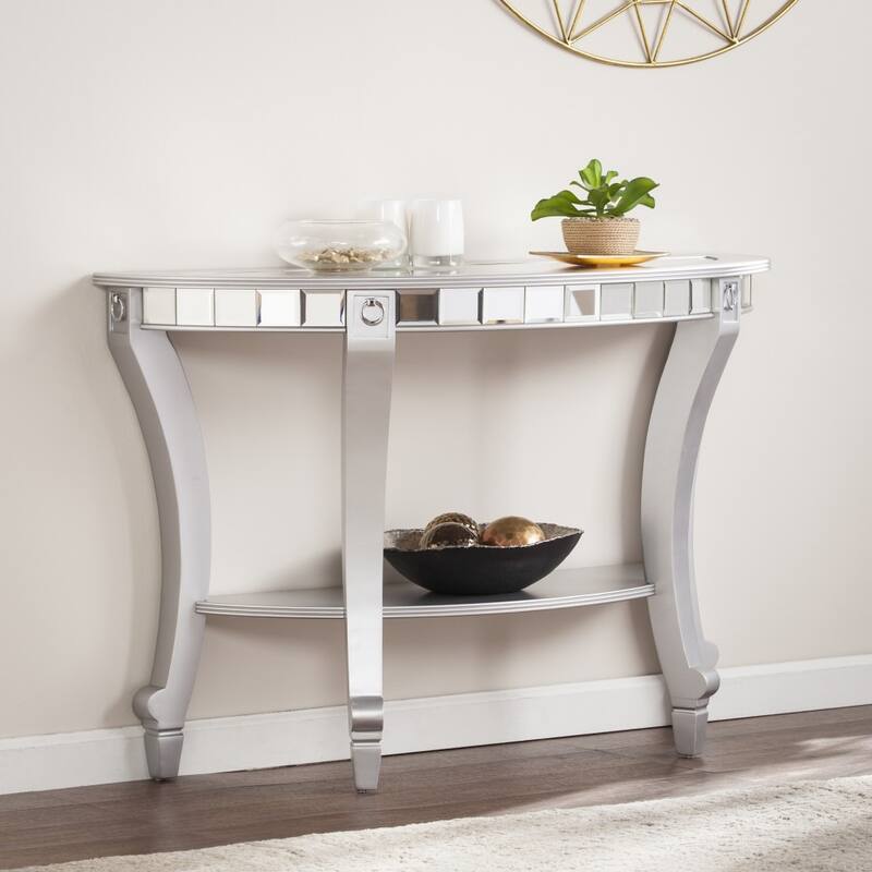 Silver Mirrored Glass Half Circle Console Table with Shelf and Wood Base - 46” L x 18” W x 30” H