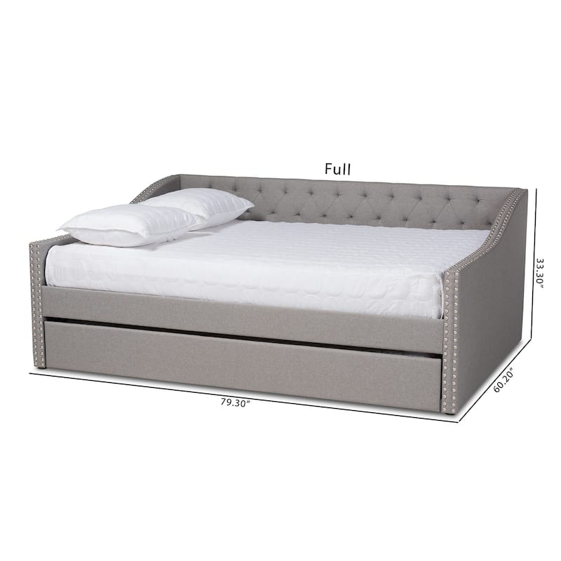 Full Size Daybed with Trundle, Light Grey Upholstered Bed Frame, Button Tufted Design