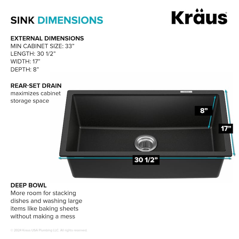 KRAUS Granite Black Onyx 31 inch 1-Bowl Undermount Kitchen Sink