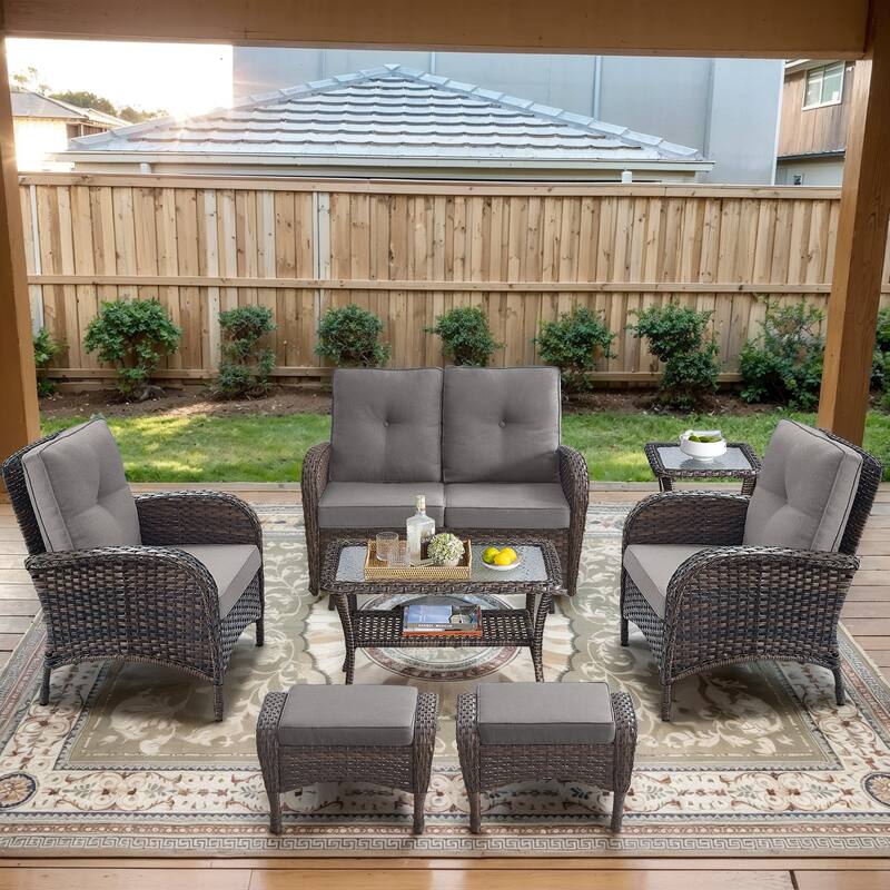 Gymojoy Outdoor Wicker Patio Furniture Loveseat Glider & Chair Set - Loveseat Set - included Club Chairs - Brown Wicker / Grey Cusion