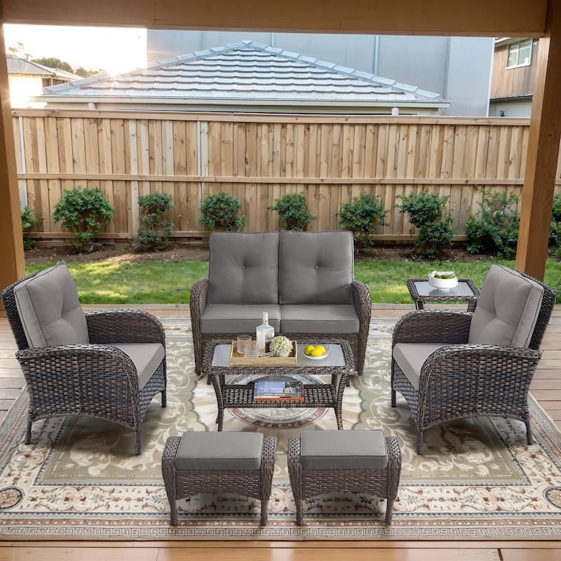 Patio Loveseat with Ottomans and Rocking Chairs - Brown - Brown - Grey