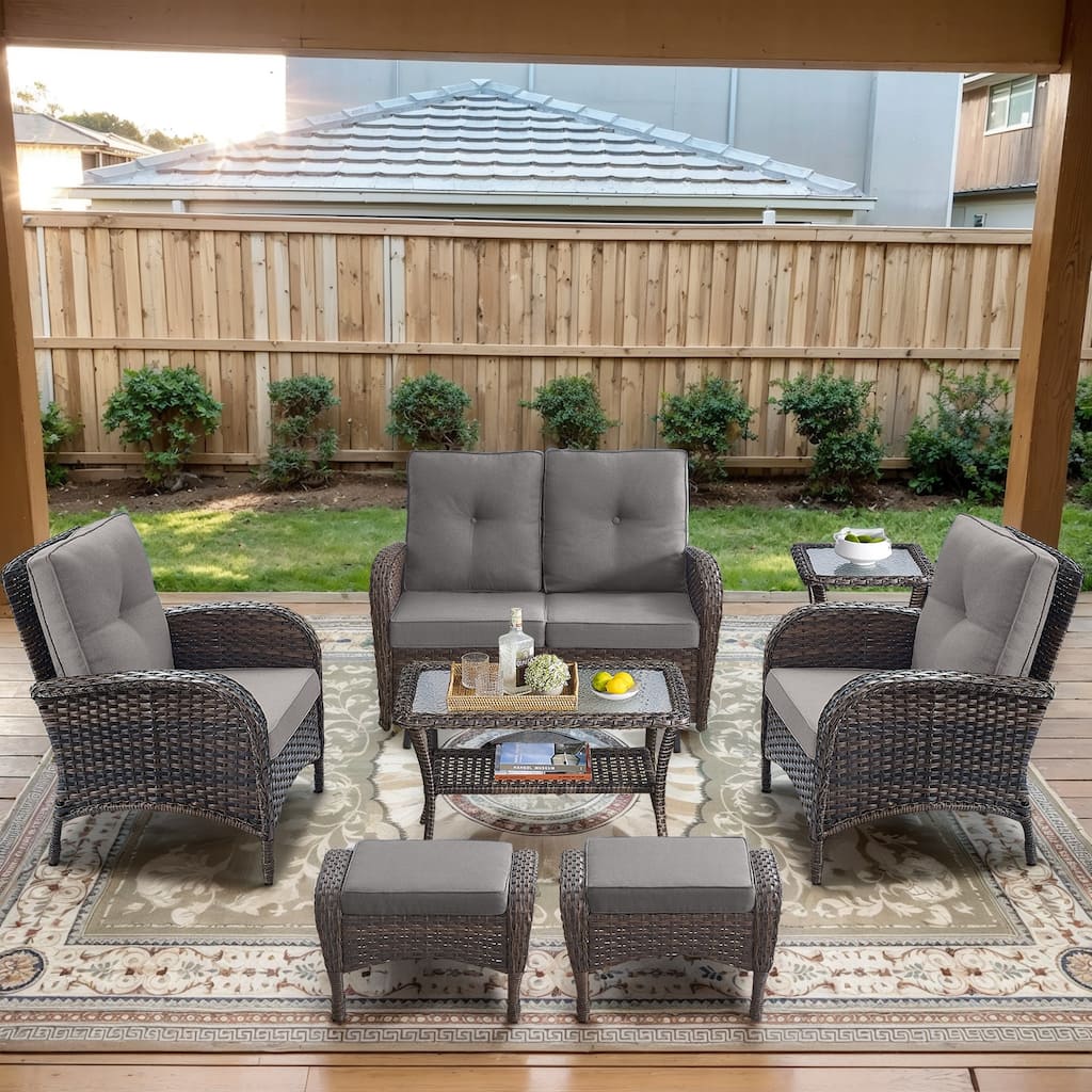 Patio Loveseat with Ottomans and Rocking Chairs - Brown