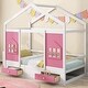 preview thumbnail 1 of 6, White+Pink Twin Wood House Bed with Drawers, Window Decoration White+Pink
