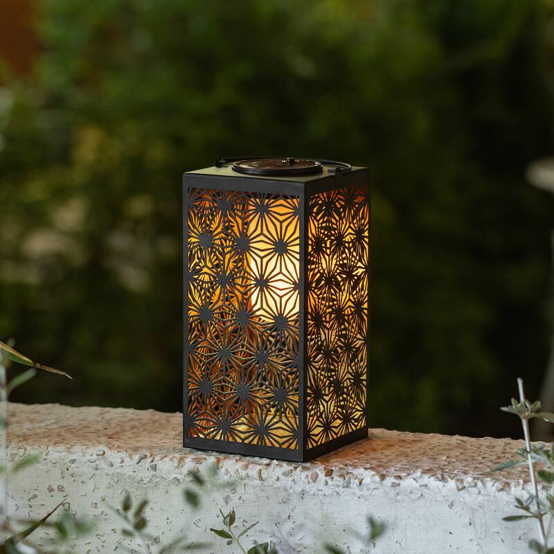Glitzhome 11"H Black Metal Cutout or Square Textured Glass Pattern Solar Powered Hanging Lantern with LED Light
