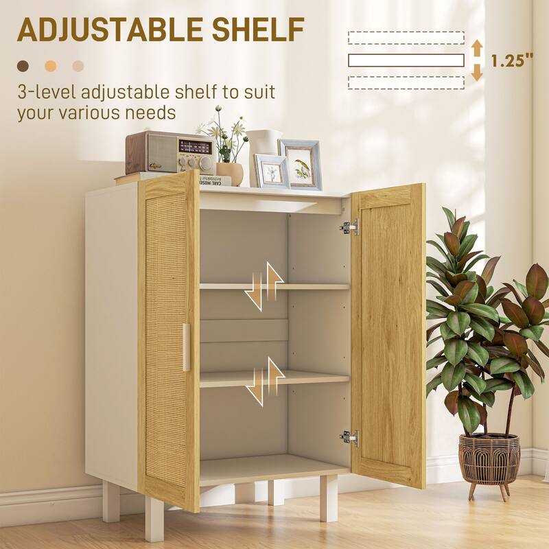 Boho Design Buffet Cabinet with 2 Rattan Doors and Adjustable Shelves for Living Room