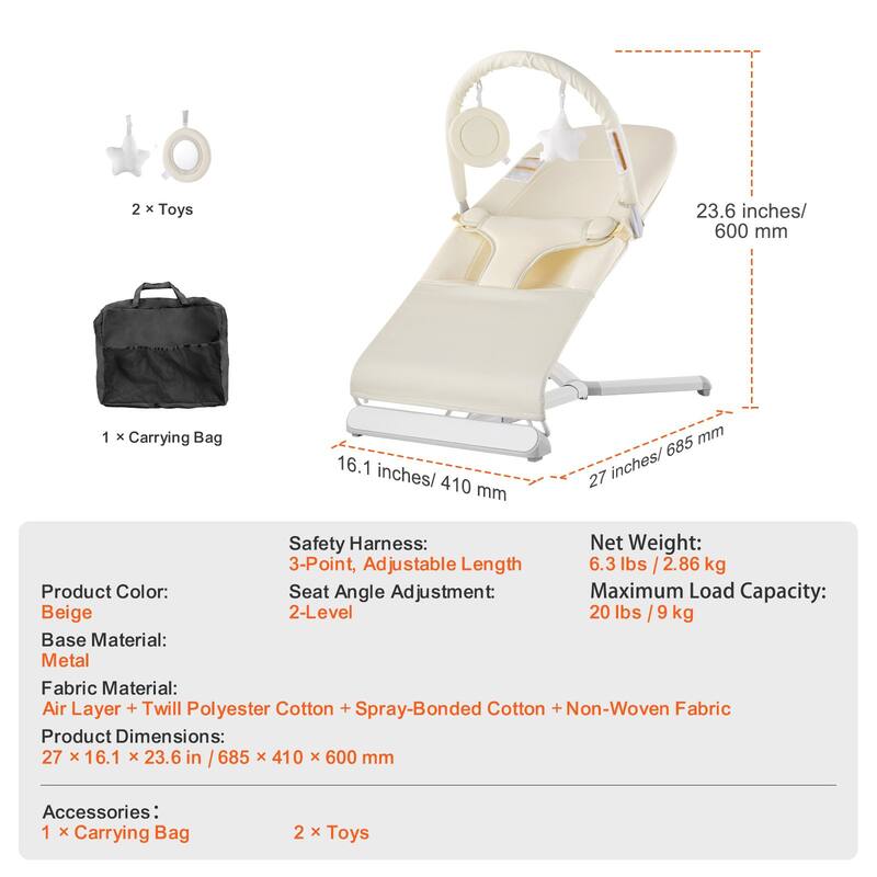 Beige Portable Baby Bouncer Chair with 2 Recline Positions and Foldable Rocker Seat with Toy Bar - 27” L x 16.1” W x 23.6” H