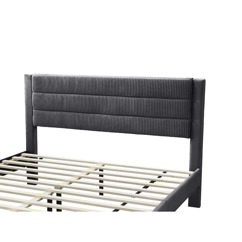 Queen Size Corduroy Platform Bed with Storage Drawer and Channel-Tufted Headboard and Contemporary Design